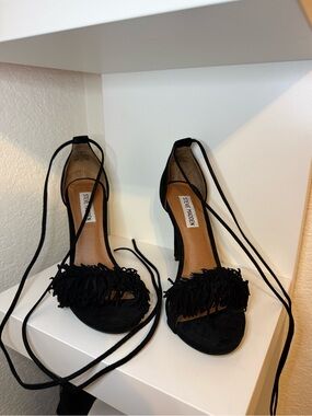 Steve Madden Black Fringe Lace-Up Heels with Ankle Wrap